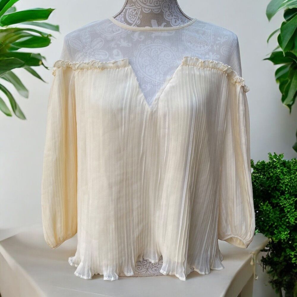 Boho Feminine Fairy Romantic Cream Pastel Pleated Sheer Neckline Blouse Size 8